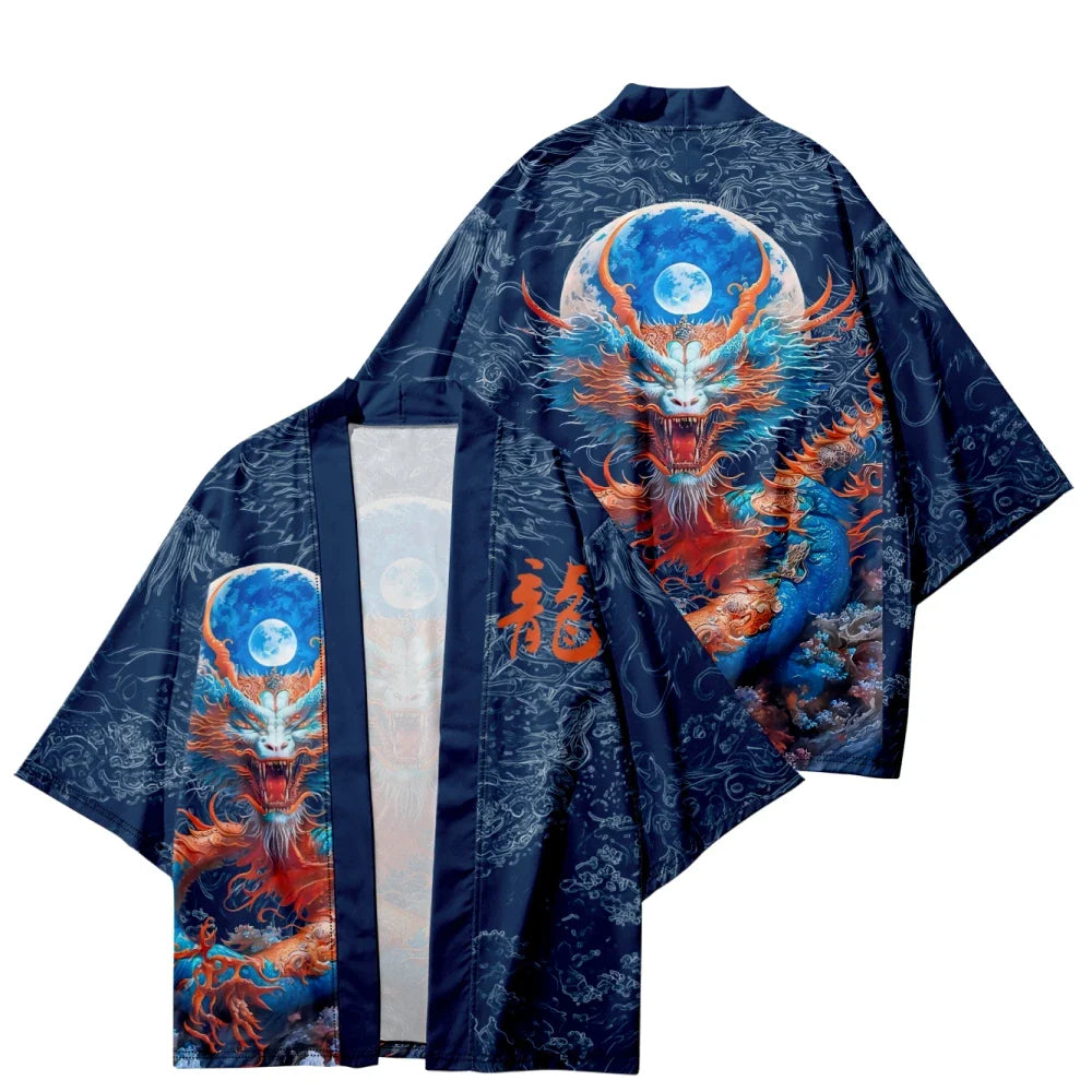 Royal Blue Powerful Dragon Moon Unisex Kimono-Enchanted peach