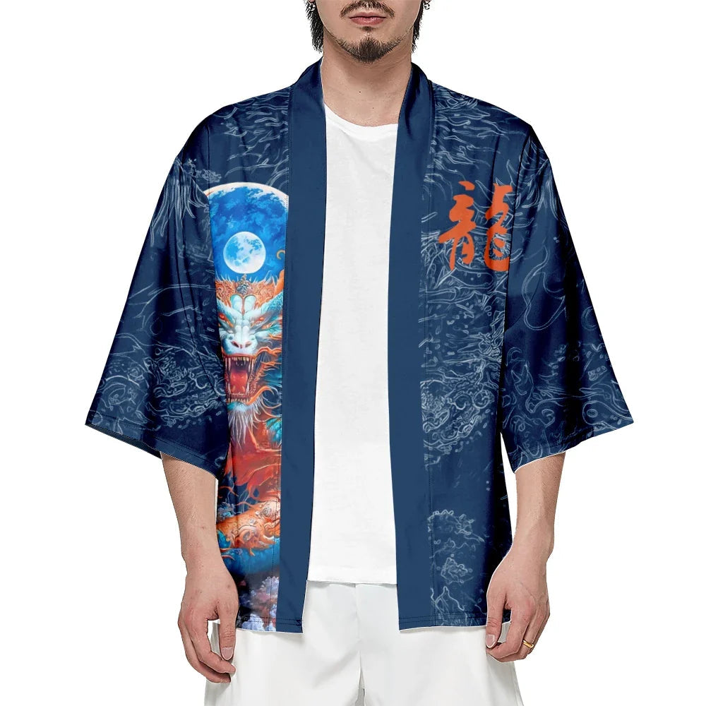 Royal Blue Powerful Dragon Moon Unisex Kimono-Enchanted peach