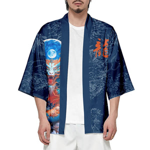 Royal Blue Powerful Dragon Moon Unisex Kimono-Enchanted peach