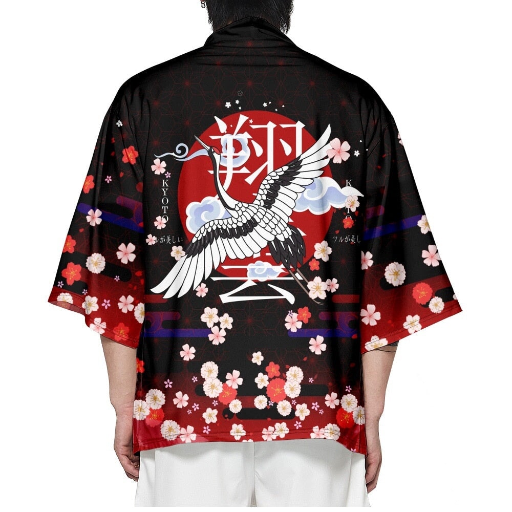 Royal White Crane Blood Moon Sakura Unisex Kimono-Enchanted peach