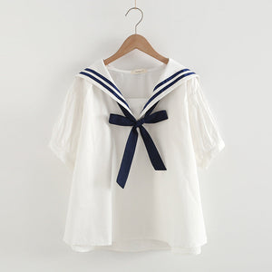 Sailor Moon Inspired Collar White Blue College Shirt Tie Women's Top-Enchanted peach