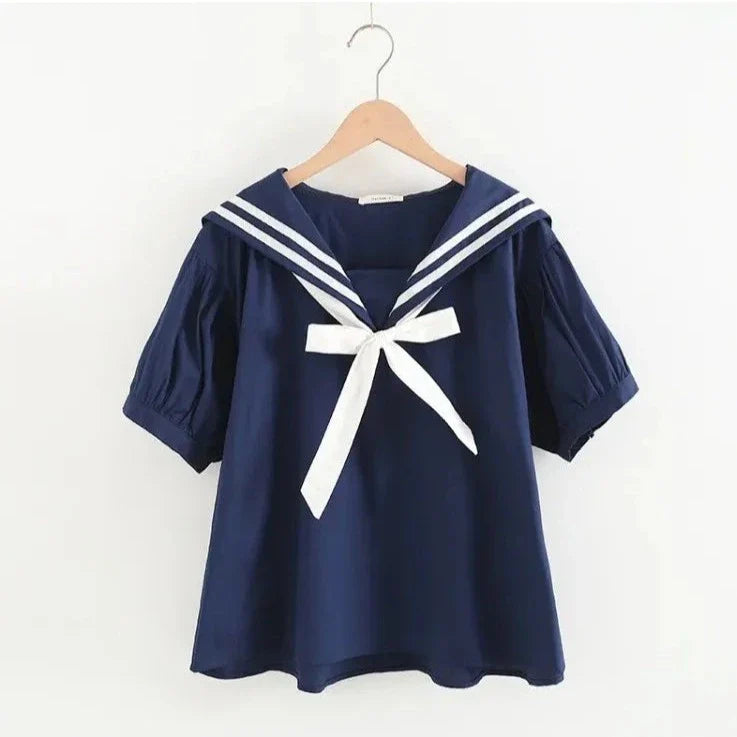 Sailor Moon Inspired Collar White Blue College Shirt Tie Women's Top-Enchanted peach