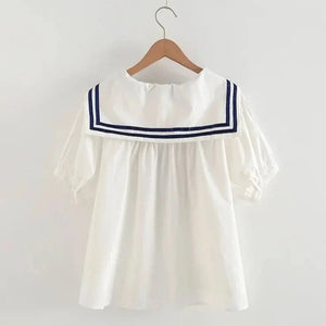 Sailor Moon Inspired Collar White Blue College Shirt Tie Women's Top-Enchanted peach