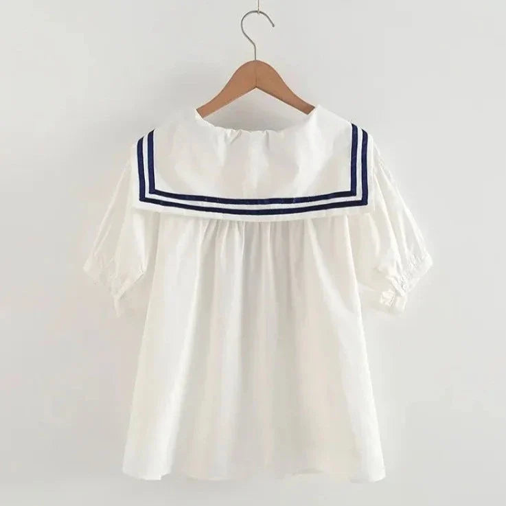 Sailor Moon Inspired Collar White Blue College Shirt Tie Women's Top-Enchanted peach