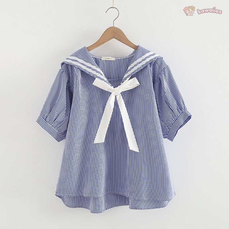 Sailor Moon Inspired Collar White Blue College Shirt Tie Women's Top-Enchanted peach