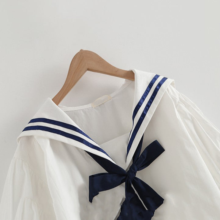 Sailor Moon Inspired Collar White Blue College Shirt Tie Women's Top-Enchanted peach