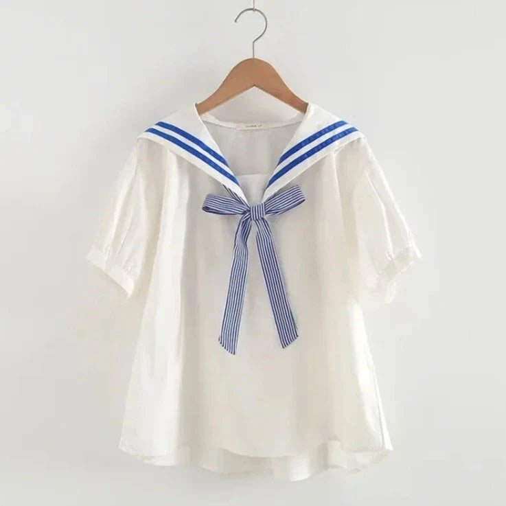 Sailor Moon Inspired Collar White Blue College Shirt Tie Women's Top-Enchanted peach