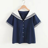 Sailor Moon Inspired Collar White Navy College Women's Shirt Top-Enchanted peach