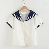 Sailor Moon Inspired Collar White Navy College Women's Shirt Top-Enchanted peach