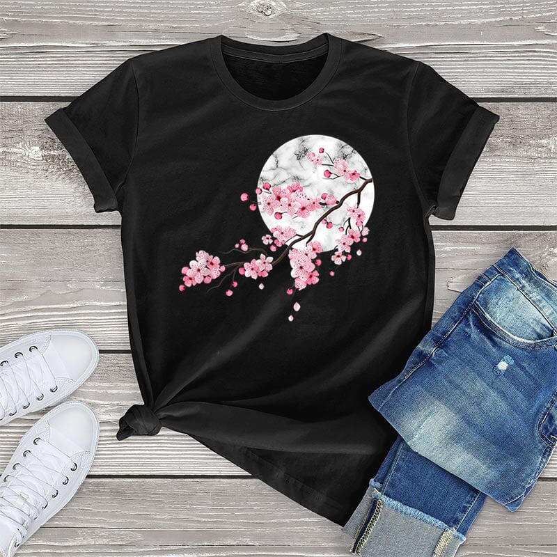 Sakura Cherry Blossom Full Moon Cotton Tee-Enchanted peach