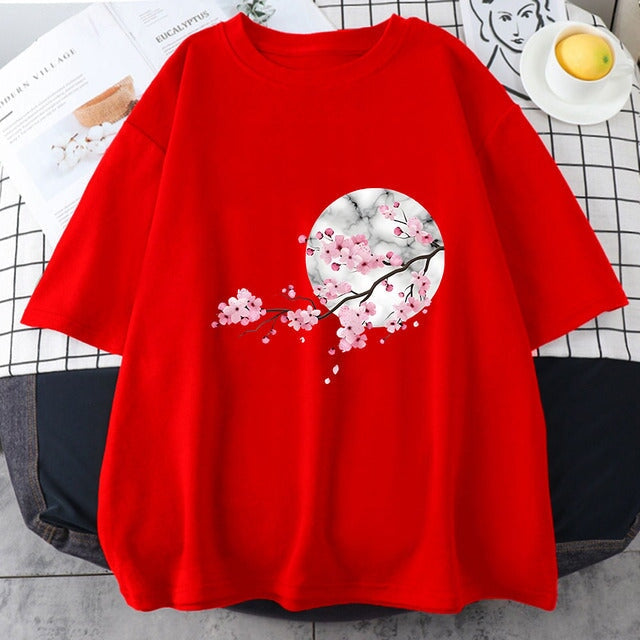 Sakura Cherry Blossom Full Moon Cotton Tee-Enchanted peach