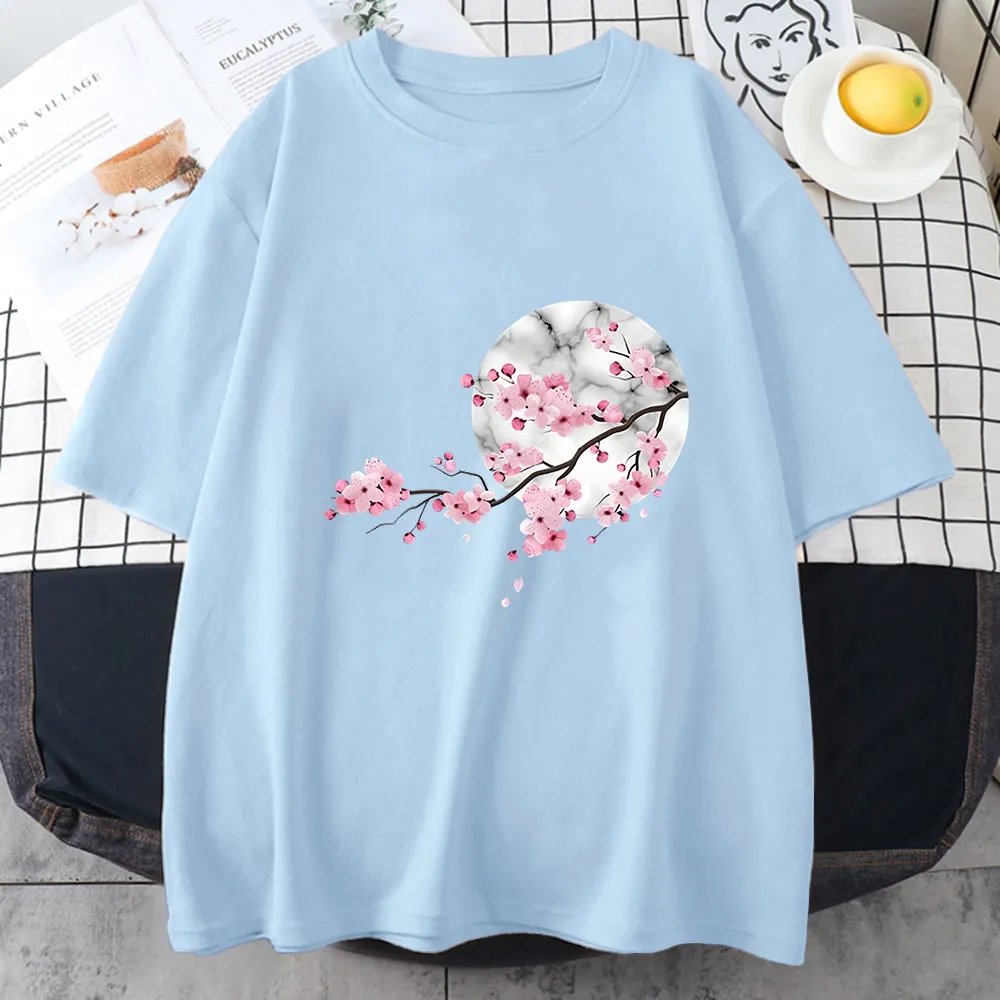 Sakura Cherry Blossom Full Moon Cotton Tee-Enchanted peach