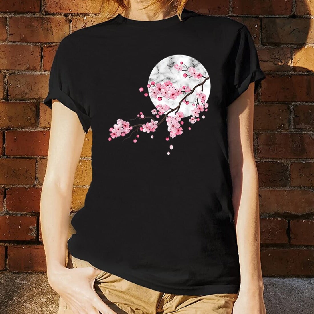 Sakura Cherry Blossom Full Moon Cotton Tee-Enchanted peach