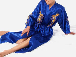 Satin Silk Golden Dragon Embroidery Long Kimono Gown-Enchanted peach