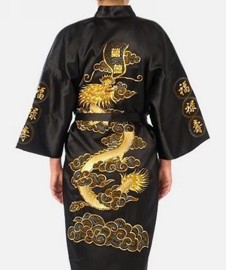 Satin Silk Golden Dragon Embroidery Long Kimono Gown-Enchanted peach