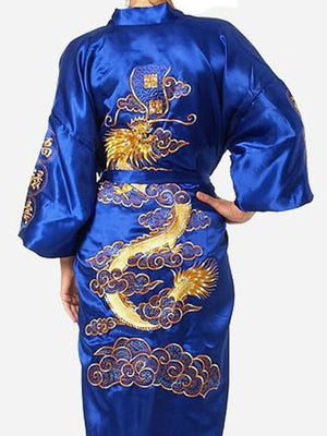 Satin Silk Golden Dragon Embroidery Long Kimono Gown-Enchanted peach