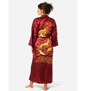 Satin Silk Golden Dragon Embroidery Long Kimono Gown-Enchanted peach