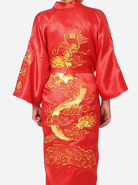 Satin Silk Golden Dragon Embroidery Long Kimono Gown-Enchanted peach