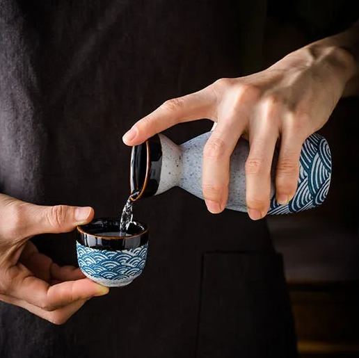 Seigaiha Sea Blue Japanese Ceramic Sake Set-Enchanted peach