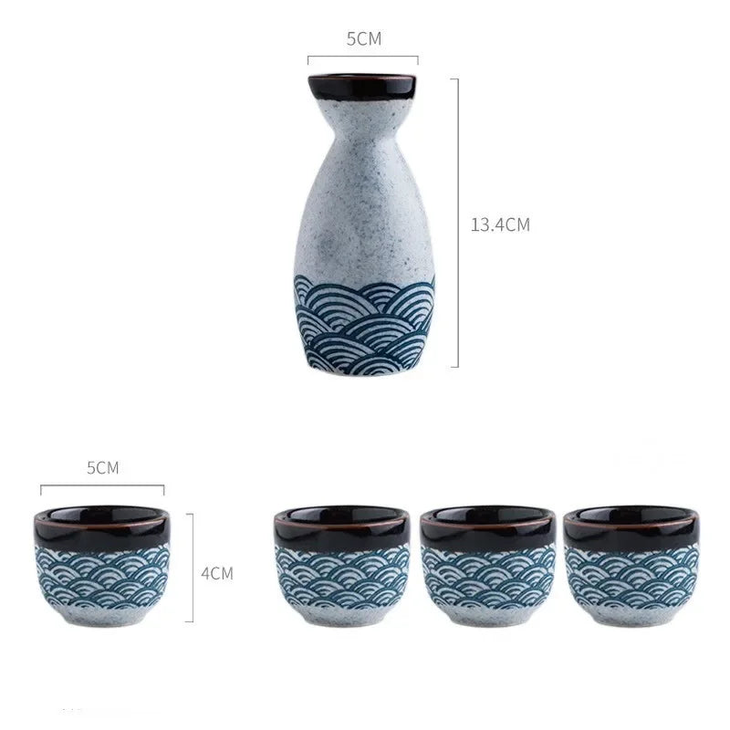 Seigaiha Sea Blue Japanese Ceramic Sake Set-Enchanted peach