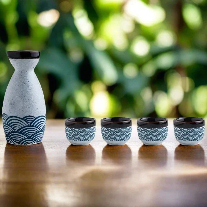 Seigaiha Sea Blue Japanese Ceramic Sake Set-Enchanted peach