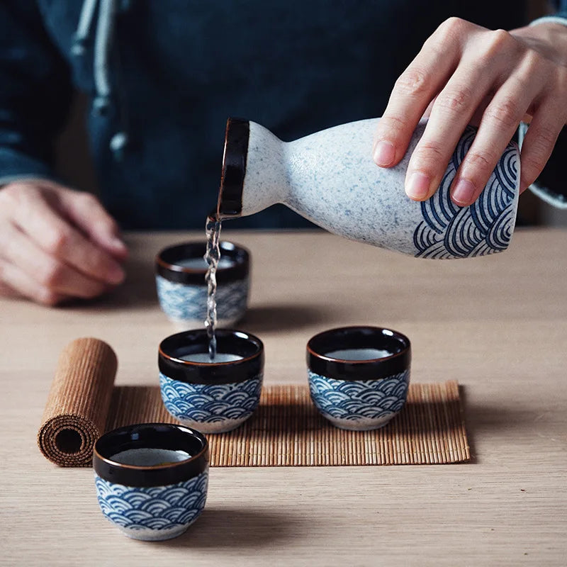 Seigaiha Sea Blue Japanese Ceramic Sake Set-Enchanted peach