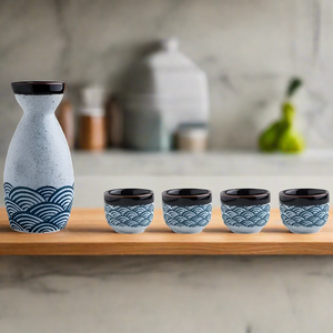 Seigaiha Sea Blue Japanese Ceramic Sake Set-Enchanted peach