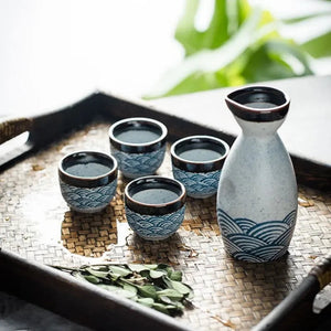 Seigaiha Sea Blue Japanese Ceramic Sake Set-Enchanted peach