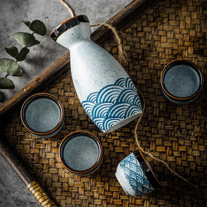 Seigaiha Sea Blue Japanese Ceramic Sake Set-Enchanted peach