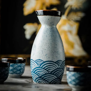 Seigaiha Sea Blue Japanese Ceramic Sake Set-Enchanted peach