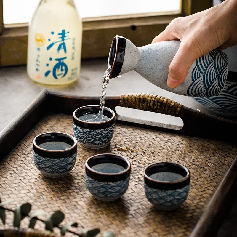 Seigaiha Sea Blue Japanese Ceramic Sake Set-Enchanted peach