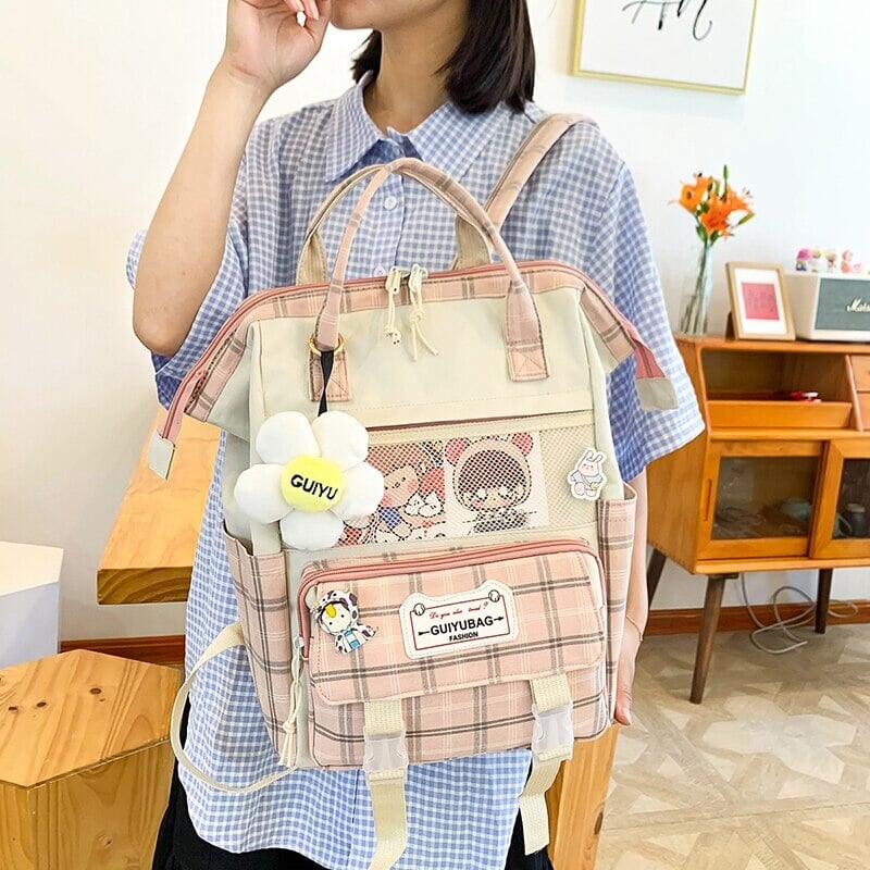 Set of 5 Kawaii Plaid Backpack Bag Collection-Enchanted peach