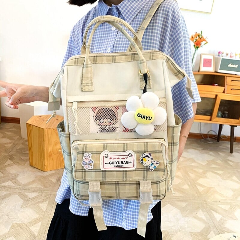 Set of 5 Kawaii Plaid Backpack Bag Collection-Enchanted peach