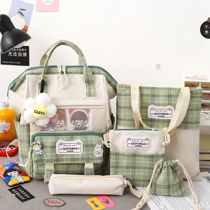 Set of 5 Kawaii Plaid Backpack Bag Collection-Enchanted peach