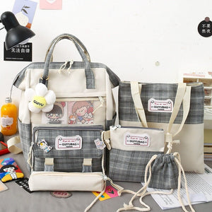 Set of 5 Kawaii Plaid Backpack Bag Collection-Enchanted peach