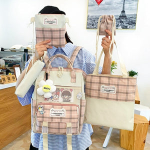 Set of 5 Kawaii Plaid Backpack Bag Collection-Enchanted peach