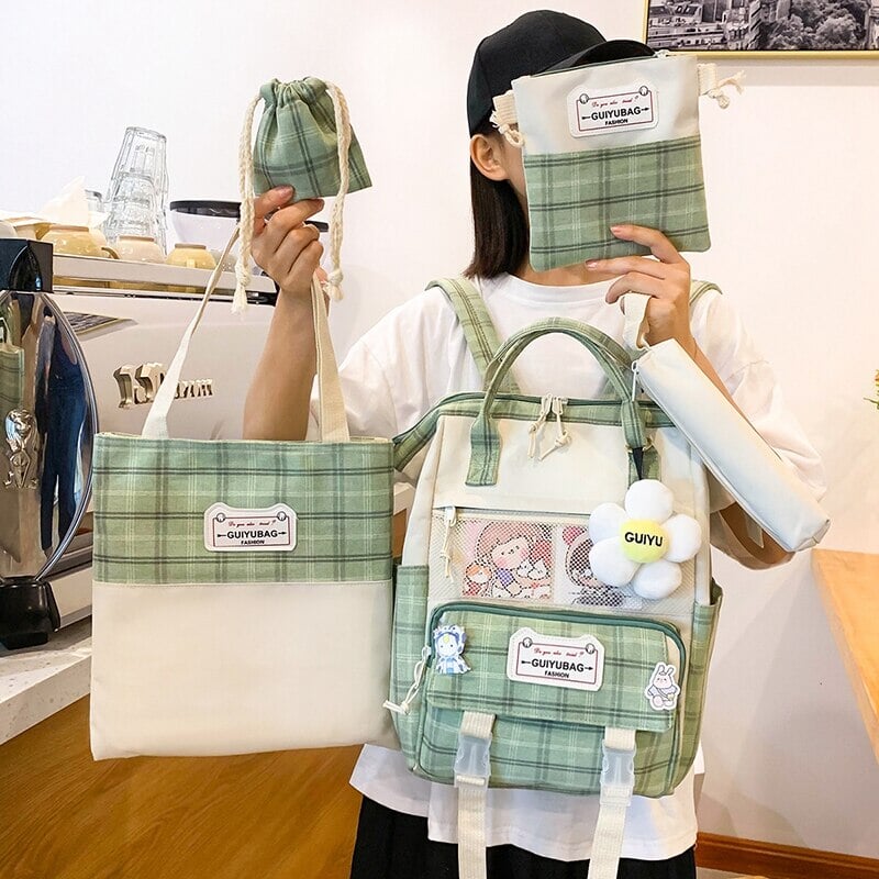 Set of 5 Kawaii Plaid Backpack Bag Collection-Enchanted peach