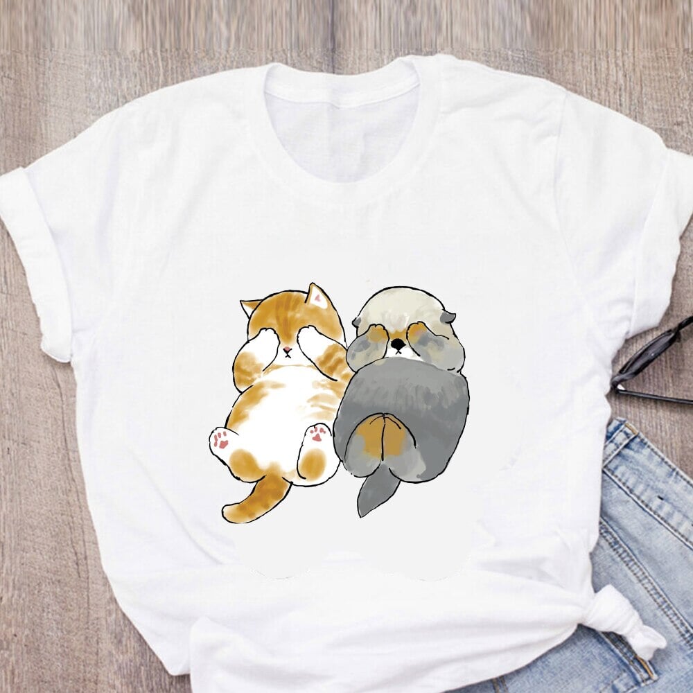 Shark Cat and Buddies Tee-Enchanted peach