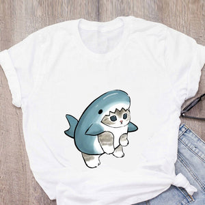 Shark Cat and Buddies Tee-Enchanted peach