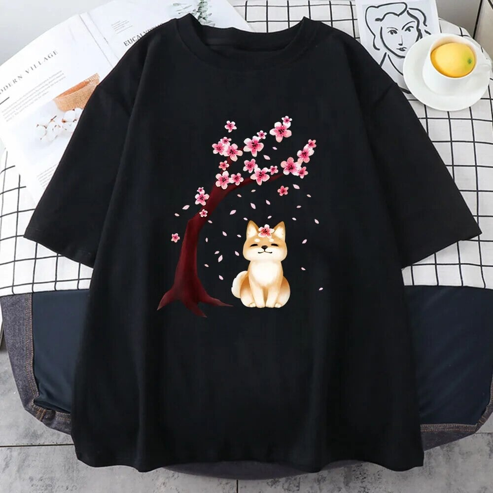 Shiba Inu Sakura Tree Unisex Cotton Tee-Enchanted peach