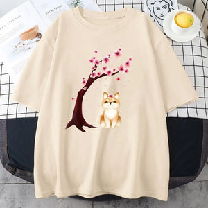 Shiba Inu Sakura Tree Unisex Cotton Tee-Enchanted peach