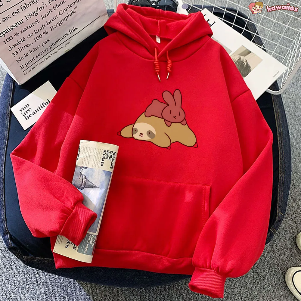 Sleepy Sloth Red Bunny Unisex Hoodie-Enchanted peach