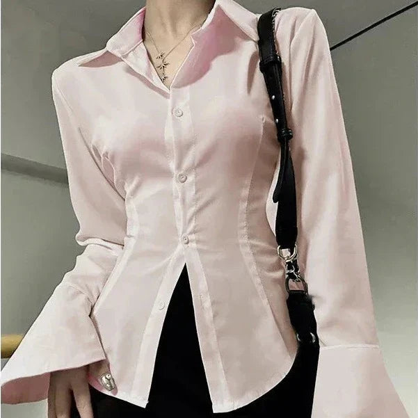 Slim Waist Chiffon Flared Shirt-Enchanted peach