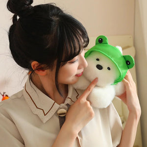 Snowy the White Maltese Plushie with Frog Hat-Enchanted peach