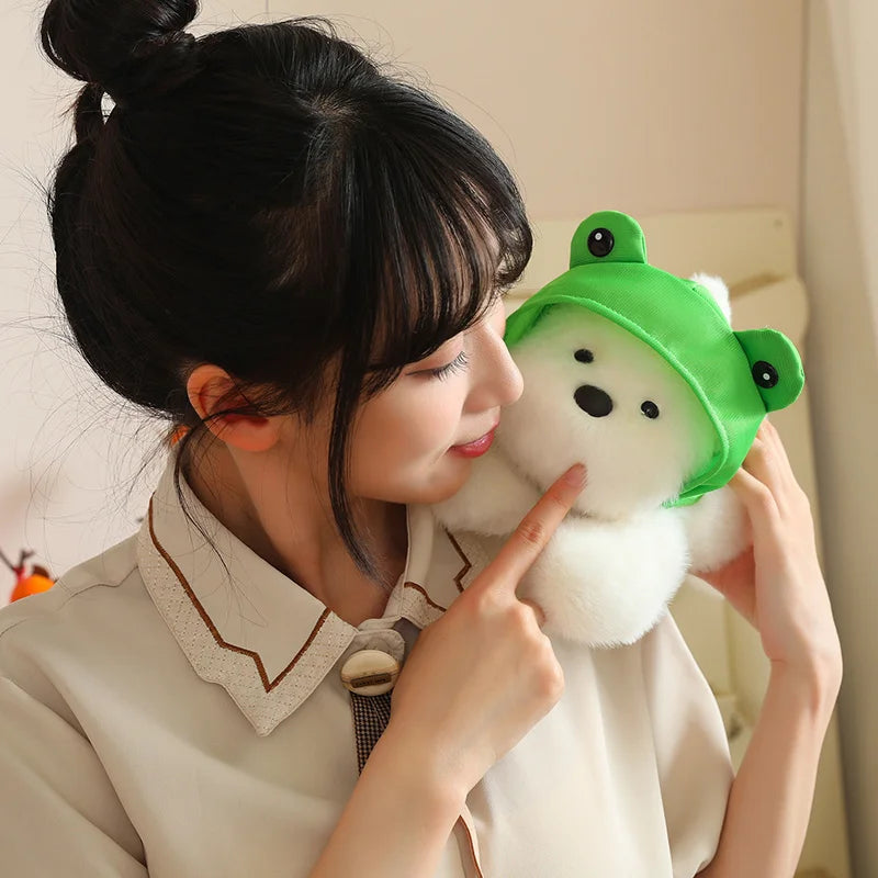 Snowy the White Maltese Plushie with Frog Hat-Enchanted peach