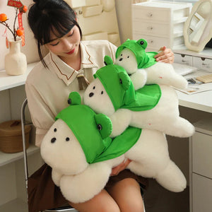 Snowy the White Maltese Plushie with Frog Hat-Enchanted peach