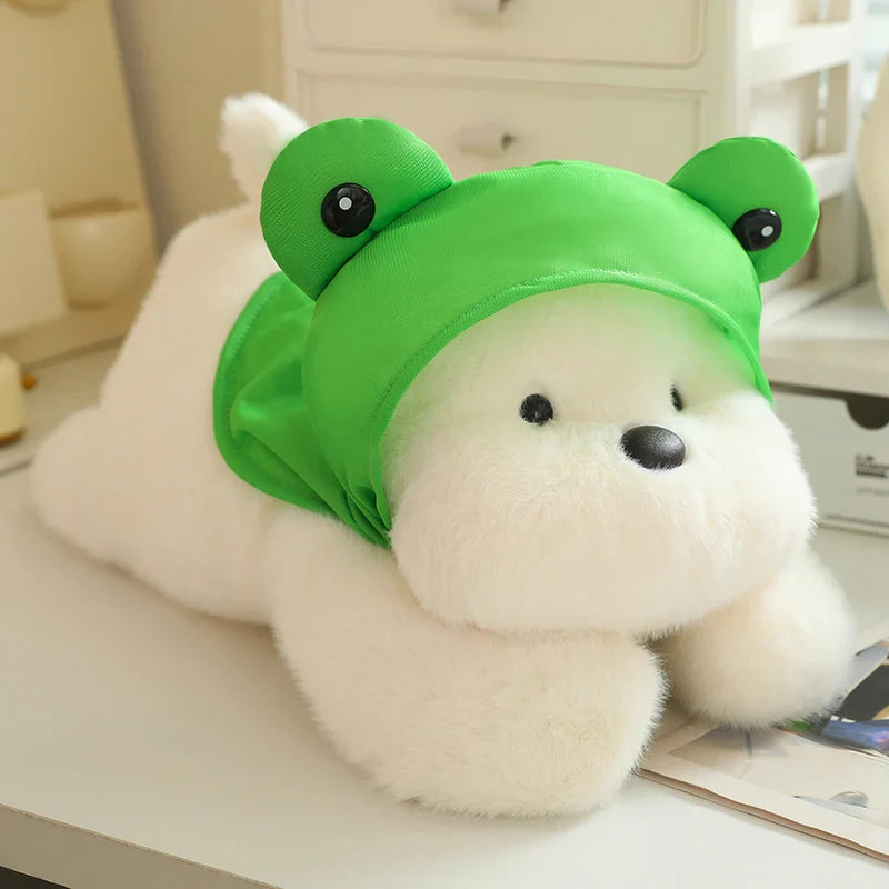 Snowy the White Maltese Plushie with Frog Hat-Enchanted peach