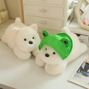 Snowy the White Maltese Plushie with Frog Hat-Enchanted peach