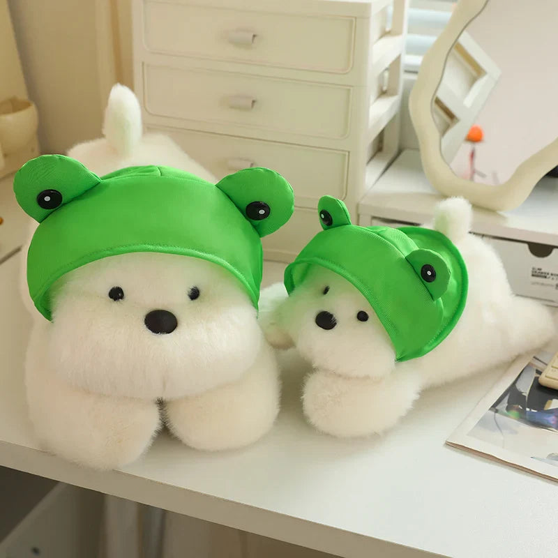 Snowy the White Maltese Plushie with Frog Hat-Enchanted peach