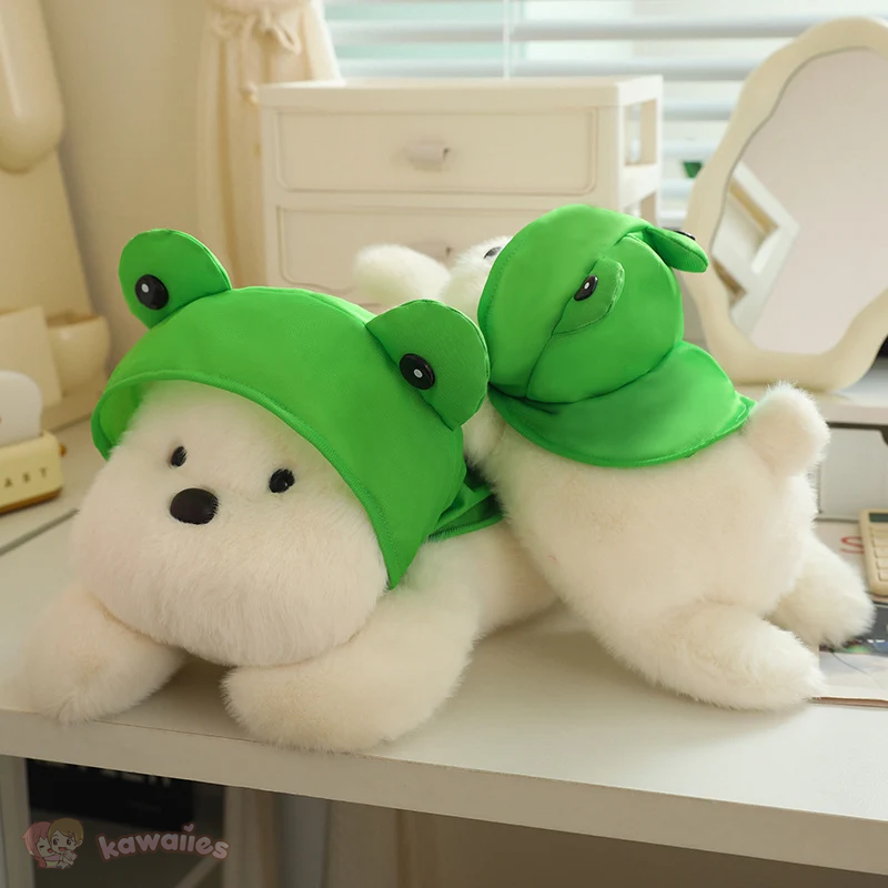 Snowy the White Maltese Plushie with Frog Hat-Enchanted peach